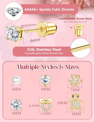 CASSIECA Hypoallergenic Earrings for Girls Women Stainless Steel CZ Heart Screw Back Stud Earrings for Kids Jewelry Gift 20G3