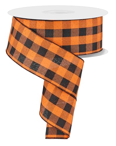 Image of Halloween Tartan Plaid Wired Ribbon - 2 1 /2 inch x 50 Yards, Orange & Black, Buffalo Plaid, Fall Decor, Autumn Wreath, Thanksgiving, Decorations, Gift Bow, Gift Basket