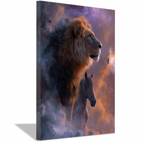 Impression sur toile lion abstrait multicolore CUDAOO cadre 60x80cm