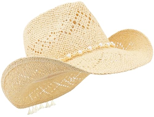 BESOOGII Straw Beach Cowboy Hat for Women Shapeable Brim Western Cowgirl Hat (US, Alpha, One Size, Beige)