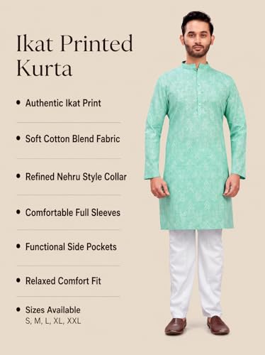 Image of Studio Shringaar Men's Cotton Blend Relaxed Fit Ikat Printed Knee Length Kurta