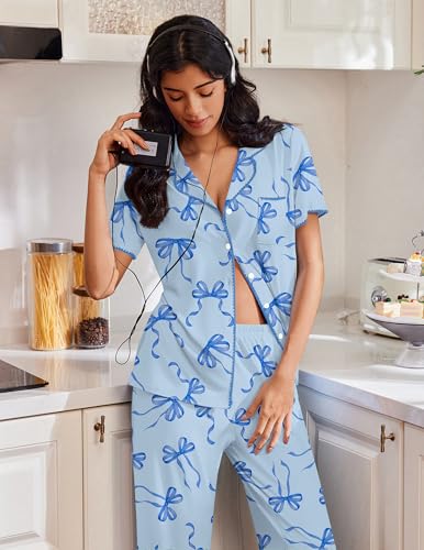 Image of Ekouaer Pajamas for Women Set Button Up Soft Pjs Short Sleeve 2 Piece Lounge Sets Comfy Sleepwear