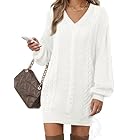 VAFOLY Fall Dresses for Women 2025 Wedding Guest：Maternity Christmas V Neck Midi Dress Womens Long Sleeve Cable Knit Sweaters Country Music Concert Outfit Winter Long Sleeve Sweater Dress Pure White L