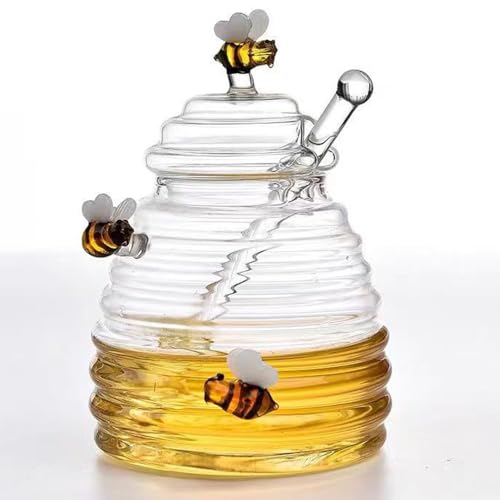 TAMUME Tarro de cristal para miel de 450 ml con adornos artísticos de abeja y cucharón de vidrio