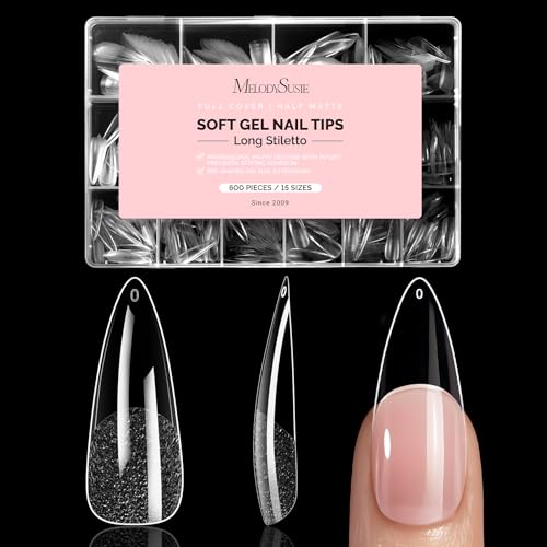 MelodySusie Long Almond Stiletto X Nail Tips - 600Pcs 15 Sizes Clear Acrylic Half Matte Full Cover Press on Nails for DIY Extension & Salon Use Pre-Shaped for Long-Lasting Manicure