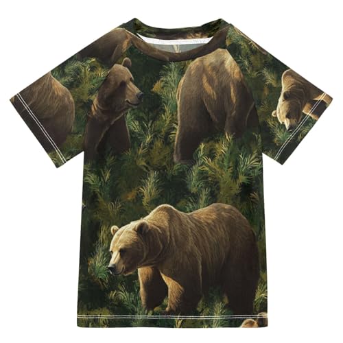 Boys Short Sleeve T-Shirts Bears Green Animal Real Rashguard Kids Swim Shirts Sun UPF 50+