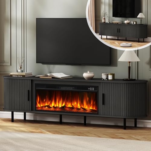 BREEZEHEAT 80'' Mid Century Modern TV Stand with 36" Fireplace, Curved Fluted Fireplace Entertainment Center for TVs Up to 90 Inches, Black Media Cons