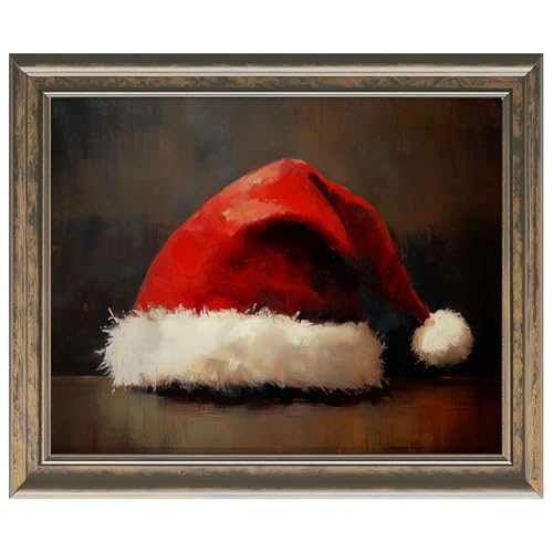 Vintage Santa Hat Wall Art Print, Rustic Christmas Decor Poster for Living Room Bedroom Fireplace Mantel, Cozy Farmhouse Holiday Wall Decor for Christmas Lovers, Unframed 11x14