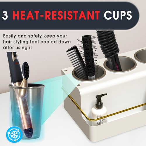 J JACKCUBE DESIGN Hair Tool Organizer, Metal Hair Dryer Holder Tray, Blow Dryer, Makeup, Bathroom Accessories, Vanity Countertop Storage Stand with 3 Stainless Steel Cups (White)- MK1029A by J JACKCUBE DESIGN - Image 2