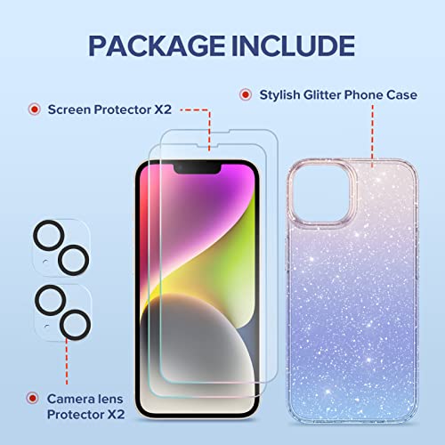 Berfy For Iphone 14 Case Glitter, With 2X Screen Protector + 2X Camera Lens Protector, [Not Yellowing] Sparkly Crystal Shockproof Hard Back Slim Protective Phone Cover For Women, 6.1" (Gradient) #TOP6