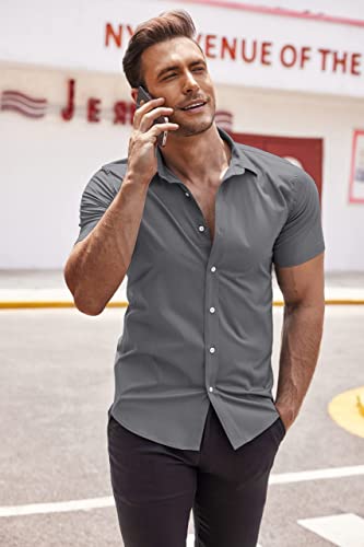 Coofandy Men's Dress Shirts Muscle Fit Wrinkle-Free Short Sleeve Business Button Down Shirt Grey #TOP3