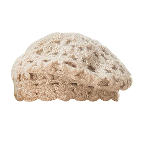 Béret coréen double épaisseur avec motif fleur tricoté pour femme