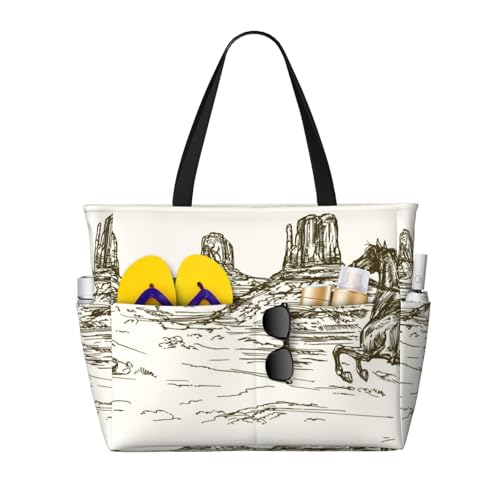 Wild West Desert With Cowboy Print Beach Pool Bags Tote For Women Ladies Large Gym Tote Carry On Bag For Weekender Travel Waterproof