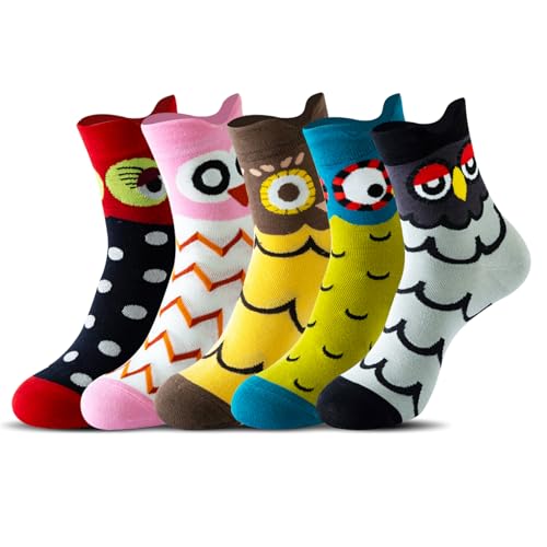Jokureao 5 Paar Damen Bunte Socken Tiere Lustige Bunte Socken Baumwolle Karikatur Tier Socken Niedlich Eule Socken Lustige Socken für Frauen Mädchen Weihnachten
