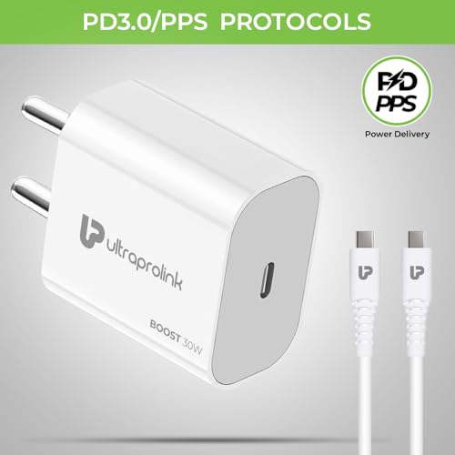 Image of UltraProlink 30W PD Type C Fast Charger Adapter with Cable | Fast PD-PPS Charger for iPhone 15 Series, Galaxy & Pixel Phones | with USB C-C Cable |Made in India|Boost PD30 | White