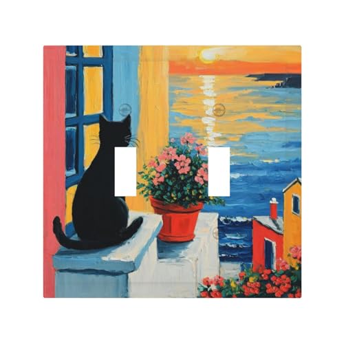 Decorative Switch Covers Plate Vintage Oil Painting Style Black Cat Sea Flowers 2 Gang Wall Plate Oversized Double Toggle Light Switch Plate Wall Cover Plate Faceplate for Bedroom Decor