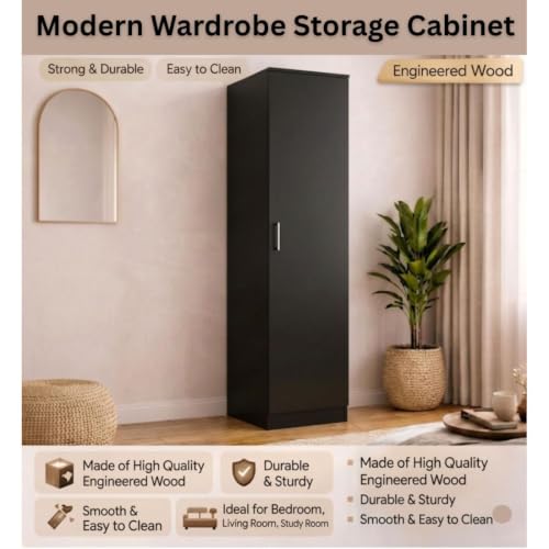 Image of Spyder Craft Engineering Woo Wardrobe for Clothes, Single Door Stylish Cupboard for Bedroom, Multi-Utility Design with Multirack Storage, Engineered Wood-Black