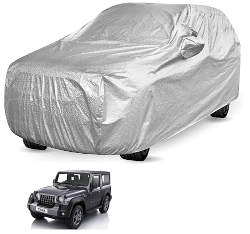 Image of Auto Hub Waterproof Car Cover Compatible with Mahindra Thar (Model : 2020-Till Date) with Mirror Pockets, Soft Cotton Lining, Thar Car Cover Waterproof, Metallic Silver
