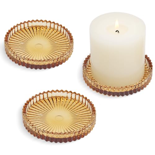 HofferRuffer Lot de 3 bougeoirs ronds en verre - 10 cm - Bougeoirs pour bougies piliers, bougies chauffe-plat, ambre