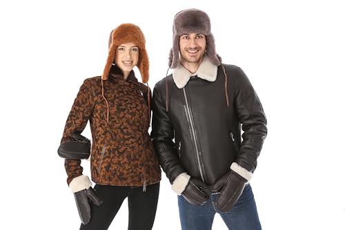 Zavelio Unisex Shearling Sheepskin Leather Aviator Russian Ushanka Trapper Winter Fur Hat Medium Cashmere