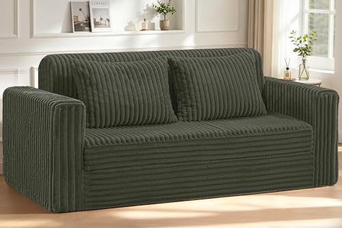 Image of HABUTWAY 78 inch Loveseat Boneless Couch, 4-in-1 Convertible Sofa Bed, Plush Fur Folding Futon Sofa Bed Couches with 2 Pillows for Living Room, High-Density Foam Support, No Assembly Required, Green