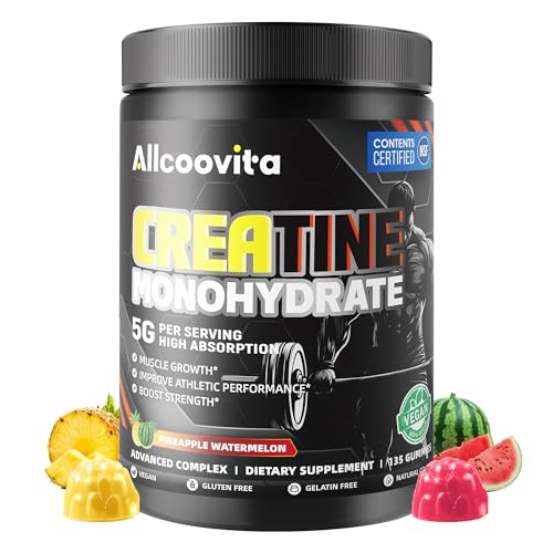 Allcoovita Creatine Monohydrate Gummies for Men & Women. Boost Focus,Strength, and Endurance, Anti-Melting Formula, Vegan, Gluten-Free, Non-GMO,(Pineapple & Watermelon 135 ct)