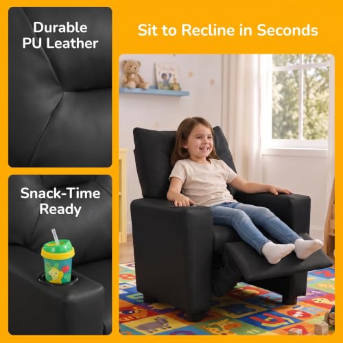 Image of 23 inch PU Leather Recliner Chair with Cup Holder and Recline, Black