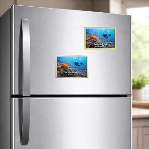 Image of Decorative Fridge Magnet with Glowing Border | Pack of 1 (Scuba Diving at Andaman Islands, 4x3 inch - Golden Border)