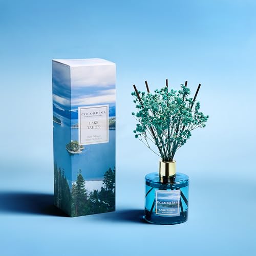 Image of COCORRINA Reed Diffuser - Lake Tahoe 6.7 Fl.oz Reed Diffuser Set with 8 Sticks & Preserved Baby's Breath, Reed Diffuser for Home Bathroom Shelf Decor
