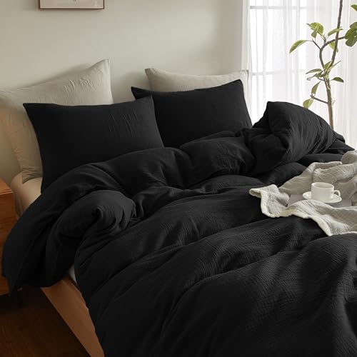 SE SOFTEXLY Muslin Duvet Cover Queen Size, 100% Washed Cotton Duvet Cover Set, Ultra Soft Comforter Cover Linen Like, 3 Pieces Minimalist Gauze Duvet Cover with 2 Pillowcases, 90"x90", Black