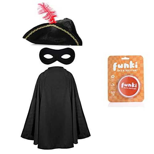 Disfraz de bandido de gato para adultos, sombrero de tricornio negro, capa negra, máscara de ojos negra y pintura facial naranja y blanca, disfraz de película de televisión para adultos para el Día