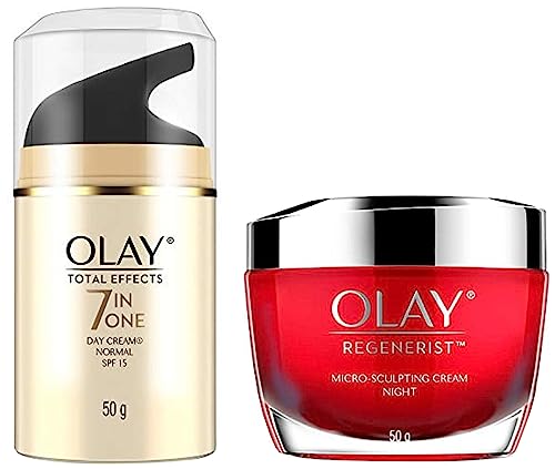 Image of Olay Night Cream: Regenerist Micro Sculpting Moisturiser, 50 g & Olay Total Effects Day Cream With Vitamin B5, Niacinamide, Green Tea, 50 Gm