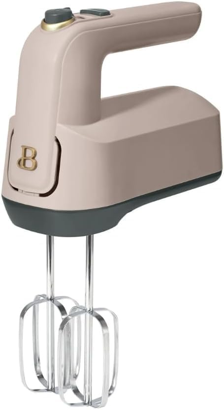 Beautiful 6-Speed Hand Mixer by Drew Barrymore – Turbo Boost, 350W Motor, Storage Case, Whisk & Dough Hooks, Lightweight, Dishwasher Safe Attachments (Porcini Taupe)