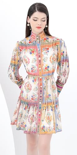 Image of LAI MENG FIVE CATS Women's Floral Print Lantern Sleeve Ruffle Casual Button Belted Thin Loose Fit Mini Dress