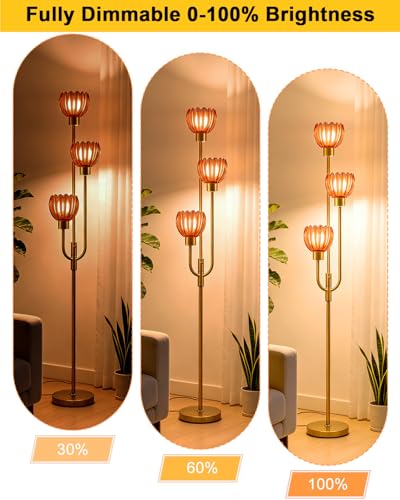 Image of 3-Lights Modern Glass Floor Lamp Gold Dimmable Floor Lamps with 3000K Warm White Bulbs for Wedding Party 66IN Tall Standing Lamp with Deep Red Glass Shade for Living Room /Bedroom /Girls Room