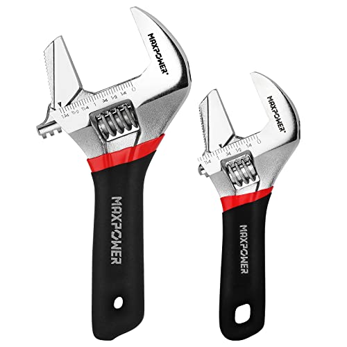 MAXPOWER Adjustable Spanner Set, 2-in-1 Adjustable Wrench Set, Plumbing Wrench Pipe Wrench with Reversible Wide Opening Jaw (6/150mm and 8/200mm)
