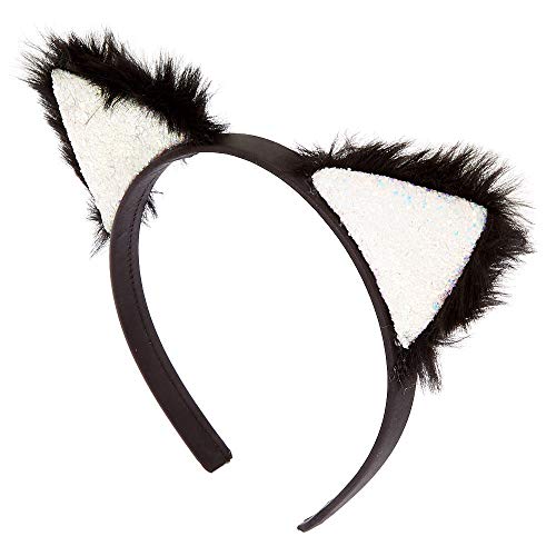 Claire’s Glitter Furry Cat Ears Headband for Girls, Black with Iridescent Glitter, Thin Band, One Size, 1 Piece