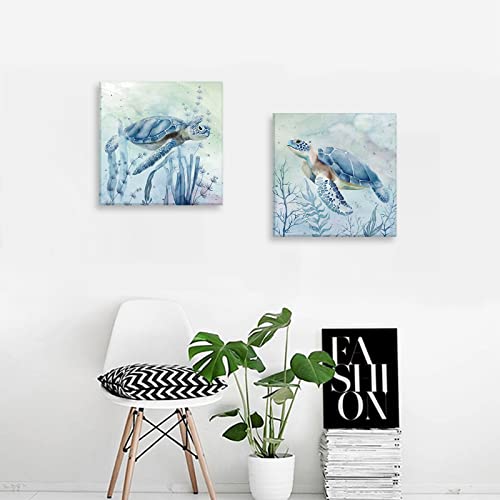 Zessonic Sea Turtle Wall-Art For Bathroom Decor - 2 Panel Set Of 12 X 12 Inch Teal Sea Turtle With Seagrass Prints #TOP4