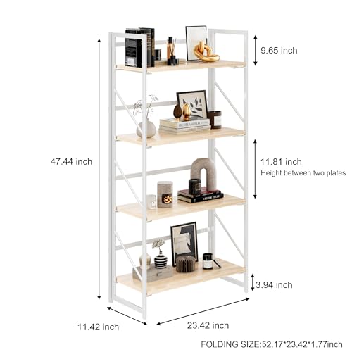 Image of JSB No Assembly Folding Bookshelf, 4 Tier Industrial Metal Book Shelf for Storage, Vintage Wood Foldable Bookcase for Living Room, Bedroom, Office Organization Shelves