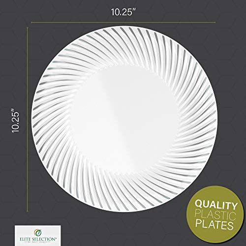 Elite Selection Disposable Plastic Dinner Plates - 25 Pack Premium Quality 10.25” White Plate With Elegant Silver Swirl Rim Design For Wedding, Birthday, Dinner Party #TOP1