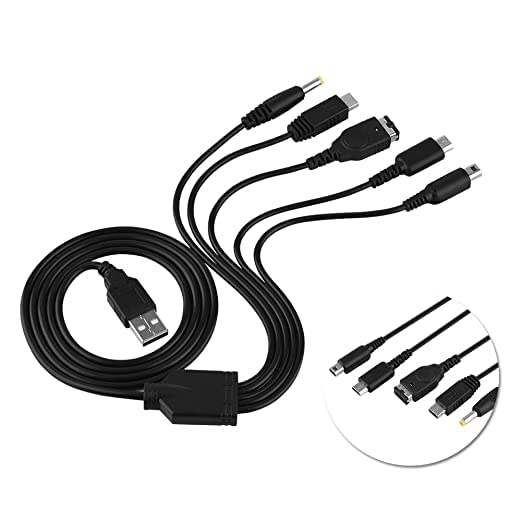 Mr. Gadget's Solutions 5 in 1 Charger USB Cable Compatible With NDS LL/XL 3DS Multi-Function Fast Charging Cable Multi-Interface Design 3DS USB Charger Cable - Black