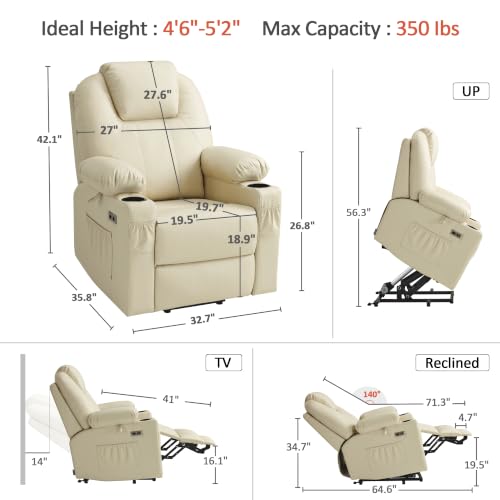 Image of MCombo Power Lift Recliner Chair for Elderly, Lift Chair with Heat and Massage, FSC Certified, USB Ports, Cup Holders, Faux Leather 7141 (Cream White, Small)