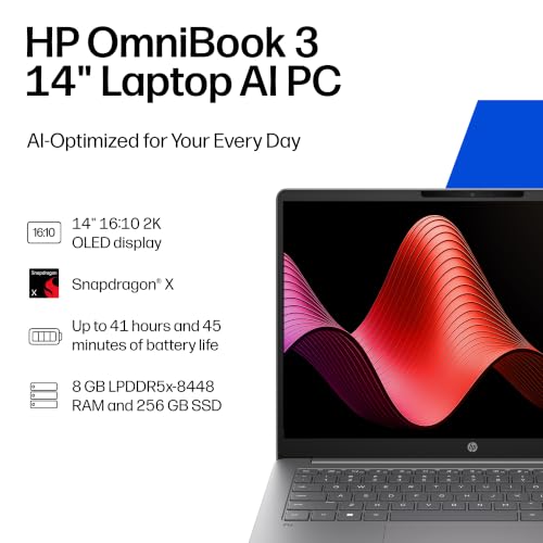 Image of HP OmniBook 3 14 inch Laptop AI PC, 2K Display, Snapdragon X X1-26-100, 8 GB RAM, 256 GB SSD, Qualcomm Adreno GPU, Windows 11 Home, Nouvelle Silver, 14-hz0188nr