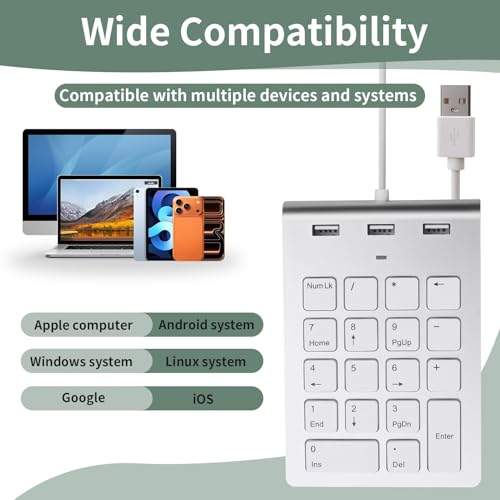 Astraveo Numpad Wired USB-A Numeric Keypad Wired Numpad mit 3 USB 2.0 Hub Nummernblock Tastatur 18 Tasten 15° Ergonomisches Ziffernblock mit USB Hub für Windows/macOS für Büro Finanzen und Heimarbeit