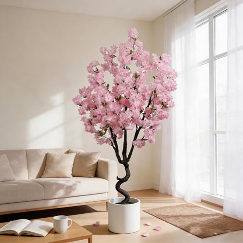 Image of BINCUE Artificial Pink Cherry Blossom Tree Fake Tree Cherry Blossom Decor Fake Flowers Faux Flowering Tree Pink Flowers Floral Artificial Plants for Indoors Outdoors Room Home Decor Gift 6FT