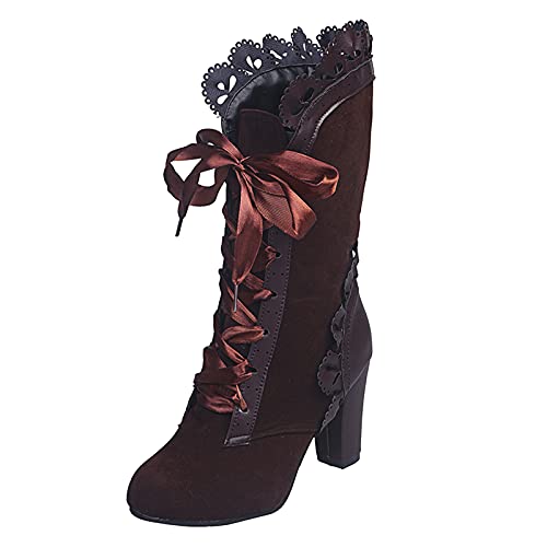 Mujer Tacón Bloque Botines Con Cordones De Encaje Suede Botas Para Mujeres Botas Victorianas Vintage Arco Con Cordones Botas Góticas Elegante Botas De Montar Botas Chelsea Botas, marrón, 41 EU