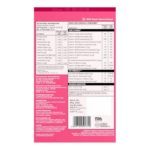 Image of Ace Blend Multivitamin Capsules for Women | Pack of 120 | With Iron & Methylated Multivitamin | 19 Essential Nutrients with Quatrefolic, MenaQ7 K2 & Vitashine D3 | Supports Hormonal Balance & Immunity