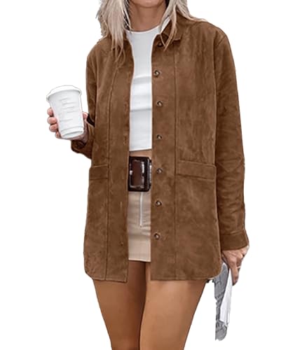 Sexyshine Women's Faux Suede Leather Jacket Lapel Long Sleeve Button Down Boyfriend Midi Length Shacket Coat