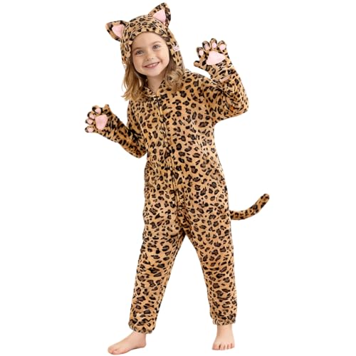 Augesak Déguisement Léopard Enfant, Costume Combinaison Léopard Enfant, Déguisement de Animaux avec Capuche pour Garçon et Fille pour Carnaval et Halloween (S)