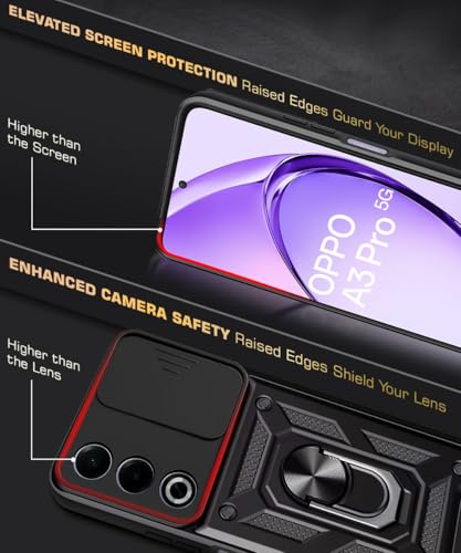 Image of WOW IMAGINE Tough Armor Bumper Mobile Back Case for Oppo A3 Pro 5G | Oppo K12x 5G | Sliding Camera Shield Cover | Shock Proof 360 Protection | Hybrid PC + TPU | Ring Holder with Kickstand - Black